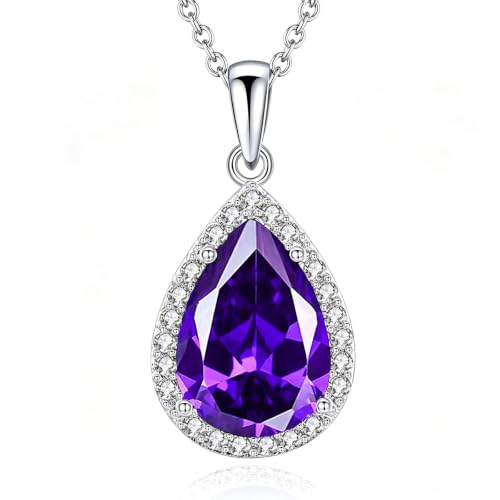 VONSSY Classic Oval Pendant Gemstone Necklace | Crystal Ruby Sapphire Waterdrop Birthstone Teardrop Emerald Necklace | 18K Platinum Gold Plated Chain | Jewelry Gift for Mother Wife Girlfriend - color: NL-Purple-Platinunm