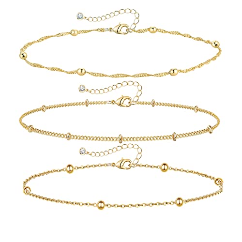 YANODA 3Pcs Gold Ankle Bracelets for Women Dainty 14k Gold Plated Layering Anklets Set Adjustable Fashion Link Chain Ankle Bracelet Adjustable Beach Foot Jewelry Gifts for Women - color: DA Bead+ Bead+Wave Bead