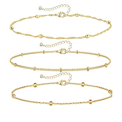 YANODA 3Pcs Gold Ankle Bracelets for Women Dainty 14k Gold Plated Layering Anklets Set Adjustable Fashion Link Chain Ankle Bracelet Adjustable Beach Foot Jewelry Gifts for Women - color: DA Bead+ Bead+Wave Bead