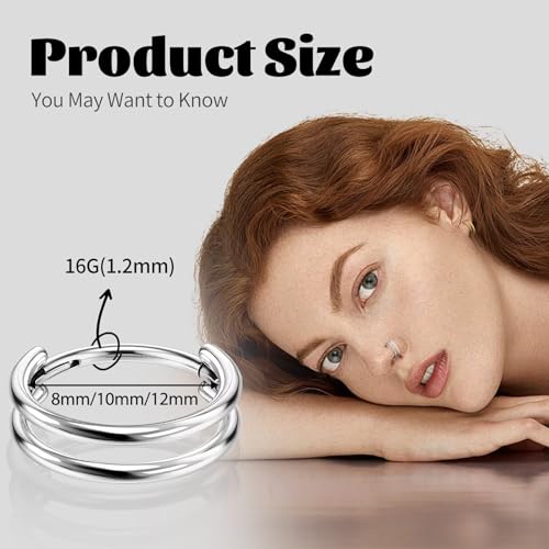 G23 Titanium Conch Piercing Jewelry Hoop: 16G 8mm/10mm/12mm Diamond Cartilage Earring Helix Double Piercing Hoop Septum Rings Hypoallergenic Nose Rings Hinged Segment Clicker Lip Rings Rook Daith Tragus Earrings - color: Silver-Double Layers