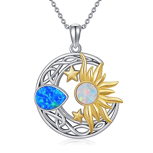 AOBOCO 925 Sterling Silver Moon Sun Star Necklace Celtic Jewelry for Women Girls - color: Silver&Gold&Blue White Opal