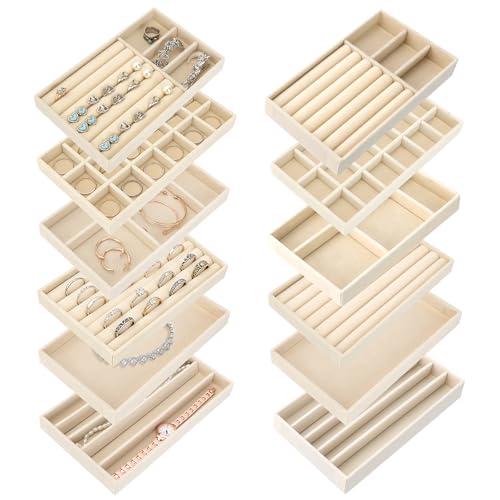 12Pcs Velvet Stackable Jewelry Trays, Jewelry Drawer Organizer, Large Removable Display Jewelry Tray, Necklace Bracelet Storage Box for Earring, Ring, Brooch, Watch (Beige) - color: 12 Pack-Beige