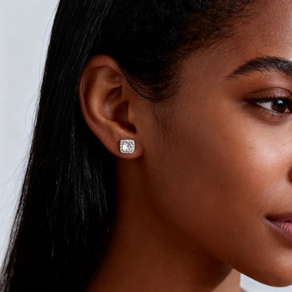 Cubic Zirconia Earring And Necklace Set For Women Trendy Square Halo Dainty Stud Earrings Necklace Set Silver
