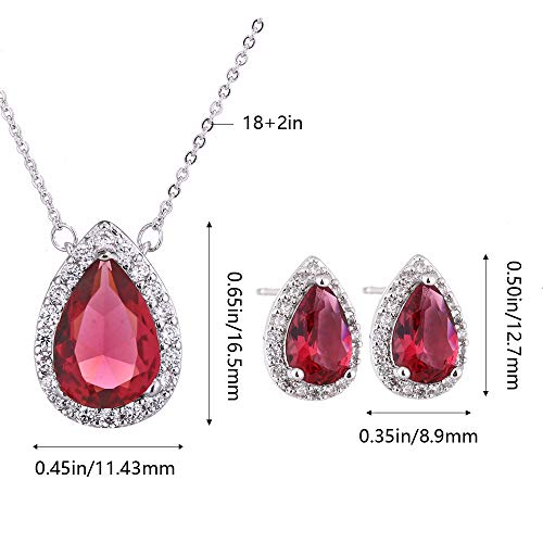 Women's Wedding Jewelry Set for Bride Teardrop CZ Necklace Earrings Set | Sterling Silver Pear Shape Necklace and Studs Crystal Rhinestone Costume Jewelry for Party Prom Bridesmaids - color: Ruby