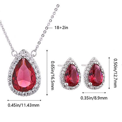 Women's Wedding Jewelry Set for Bride Teardrop CZ Necklace Earrings Set | Sterling Silver Pear Shape Necklace and Studs Crystal Rhinestone Costume Jewelry for Party Prom Bridesmaids - color: Ruby