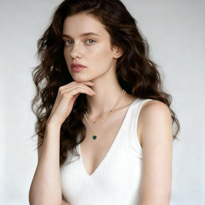 Birthstone Layered Pendant Paperclip Necklace 18k Gold Plated Heart Choker Chain Necklace Emerald Cut Jewelry Birthday Gift for Women - color: Heart Emerald