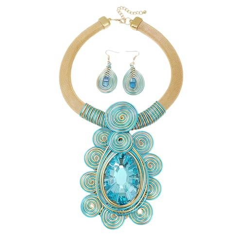African Jewelry Sets Statement Big Crystal Pendent Necklace Earrings Set For Women Handmade Bib Collar Costume Tribal Fashion Accessories - color: KDLUN5305 Sky Blue