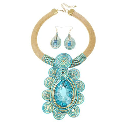 African Jewelry Sets Statement Big Crystal Pendent Necklace Earrings Set For Women Handmade Bib Collar Costume Tribal Fashion Accessories - color: KDLUN5305 Sky Blue