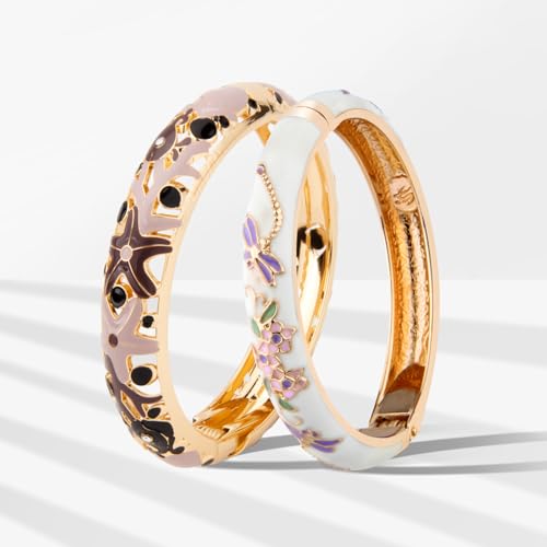 UJOY Cloisonne Bangle Colorful Enamel Filigree Rose Flower Hollowed Crystal Bracelet for Women Gifts 88A09 - color: 2 Pcs Set-A10-Green 2