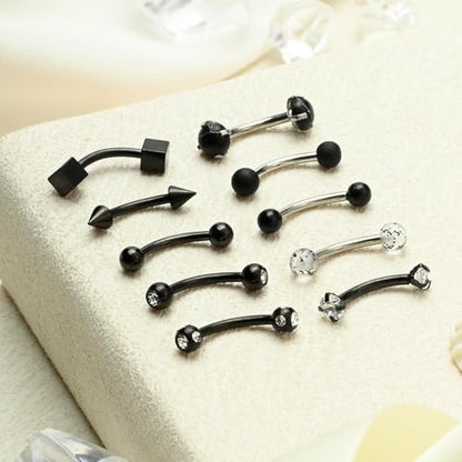 FECTAS 10PCS Eyebrow Rook Piercing Jewelry 16G Earrings Vertical Labret Lip Jewelry Curved Barbell Eyebrow Rings Tiny Small Belly Rings Ear Rook Helix Conch Daith Piercing Jewelry - color: black