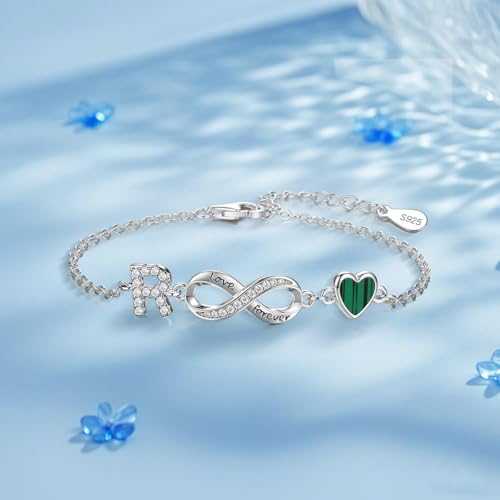925 Sterling Silver Adjustable Letter Bracelets Infinity Heart Emerald Charm Link Bracelet ，Personalized Charm Alphabet Jewelry Valentines Christmas Mother’s Day Birthday Gifts - color: R
