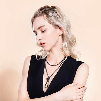 Firstmeet Fashion Beads Rope Knot Long Beaded Necklace Versatile 60" Strand Costume Jewelry for Women - color: Black