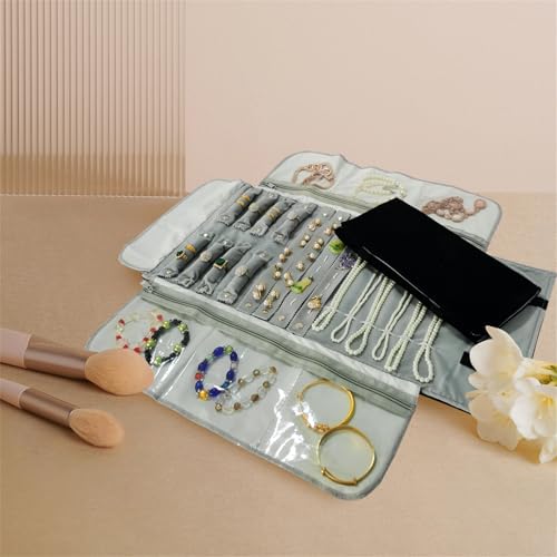 Velvet Travel Jewelry Case Roll Bag Organizer for Necklace Bracelet Earrings Ring (Black) (grey and black) - color: Grey and Black
