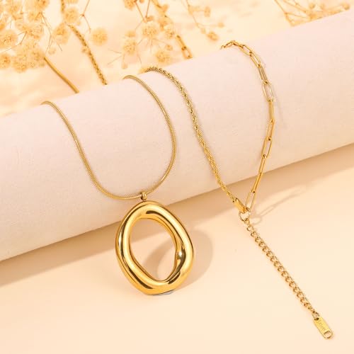 Layered Gold Necklaces for Women,18K Real Gold Plated Trendy Circle Pendant Necklace, Stackable Necklace Stainless Steel Jewelry Gifts for Birthday Valentine's, Mother's Day & Christmas - style: Gold-C