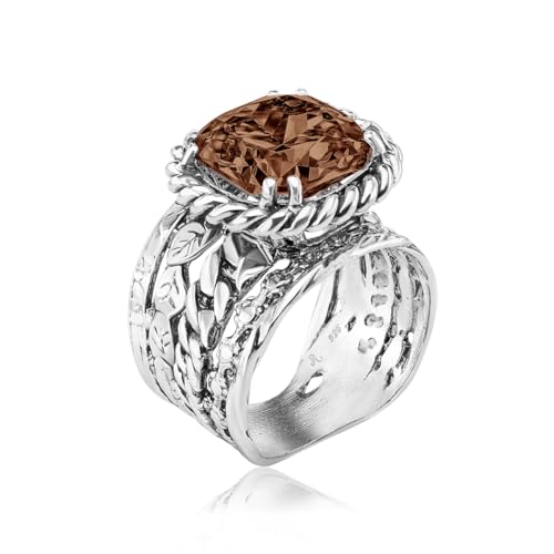 JEAN RACHEL JEWELRY 925 Sterling Silver Braid Leaf Cushion Ring | Ornate statement ring beautifully adorned with sculpted leaf motifs, twisted rope braids, and a CZ center stone. - color: Smoky CZ