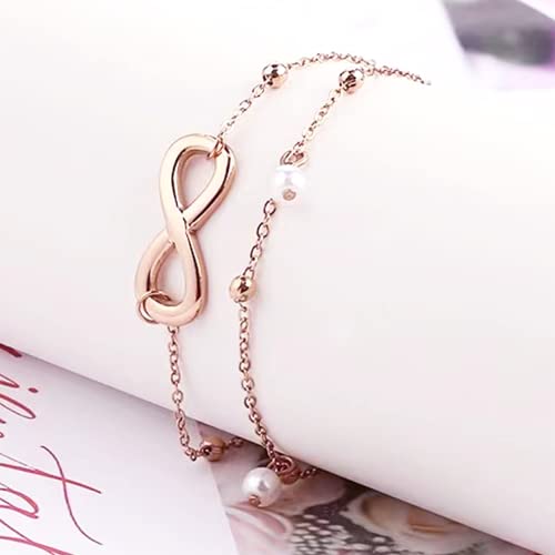 Jean Beau Infinity Beach Anklet bracelet for Women Teen Boho Waterproof Double Layered Dainty Beads Chain Charm Ankle Pearl dangling foot Jewelry Gift - color: Rose Gold