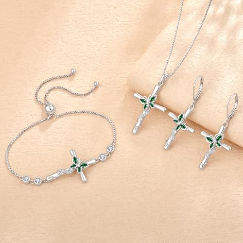 Cross Necklace for Women 925 Sterling Silver Butterfly Necklace Birthstone Pendant Created Gemstone Jewelry Gifts for Women - color: 05 May - Emerald