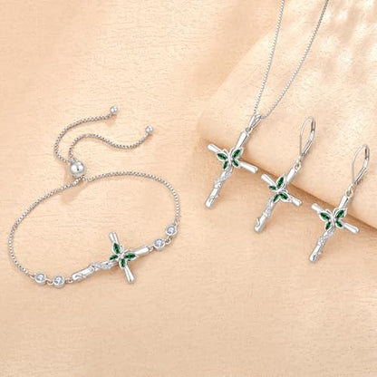 Cross Necklace for Women 925 Sterling Silver Butterfly Necklace Birthstone Pendant Created Gemstone Jewelry Gifts for Women - color: 05 May - Emerald