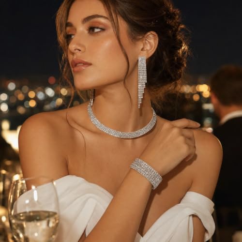Crystal Silver Jewelry Set - 3 Pcs Dainty Rhinestone Necklace Bracelet and Tassel Dangle Earrings Sets for Brides Bridesmaids Bridal Party Prom Accessories