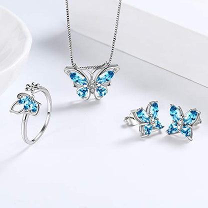 Aurora Tears Butterfly Jewelry,Women 925 Sterling Silver Butterflies Birthstone Pendant Necklace/Earrings/Rings Wedding Gift - color: C.March-set 2