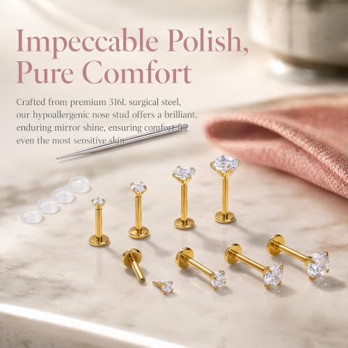 Hypoallergenic Nose Studs Flat Back Screw Ear Studs 18K Gold Plated 316 Stainless Steel, CZ Studs for Nose, Ear, Lip, Vertical Labret Piercing Jewelry, 2-5mm CZ 6-8mm Post with 1 Taper,4 Silicone Pads - color: Gold, size: 4mm