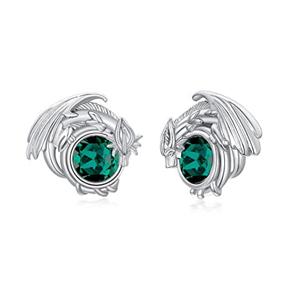 Dragon Earrings Sterling Silver Stud Hypoallergenic Birthstone Crystal Dragon Earrings for Women - color: 05-May