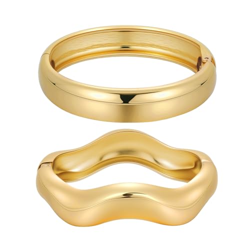 Emibele Gold Bangles for Women, 2PCS Irregular Chunky Gold Bracelet Hinged Open Bangle Bracelets for Women, Fashion Wide Arm Cuff Minimalist Chunky Jewelry Gifts for Valentine Christmas Birthday - style: G Gold