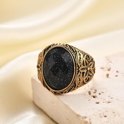 Retro Large Tiger Eye Stone Turquoise Wedding Ring For Men Classical Gothic Stainless Steel Rings - color: Gold-Black
