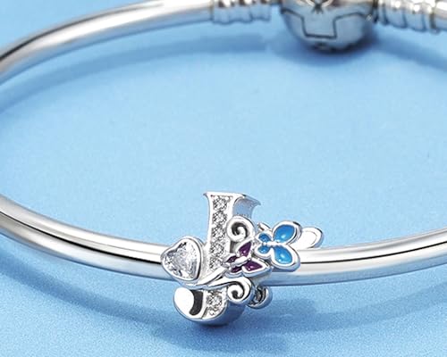 S925 Silver Butterfly Initial Letter Charms Fit for Pandora Charms Bracelets and Necklace Alphabet Bead Charms Jewelry Gifts for Women - color: J