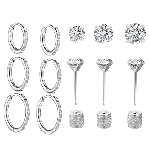 3 Pairs Huggie Hoop Earrings,Cartilage Hoop Earring Cubic Zirconia Cuff Surgical Stainless Steel Earrings - color: Silver CZ Hoop/stud earring