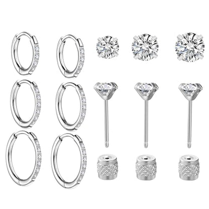 3 Pairs Huggie Hoop Earrings,Cartilage Hoop Earring Cubic Zirconia Cuff Surgical Stainless Steel Earrings - color: Silver CZ Hoop/stud earring