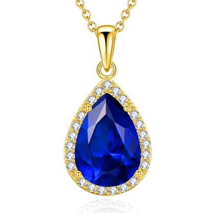 VONSSY Classic Oval Pendant Gemstone Necklace | Crystal Ruby Sapphire Waterdrop Birthstone Teardrop Emerald Necklace | 18K Platinum Gold Plated Chain | Jewelry Gift for Mother Wife Girlfriend - color: NL-Sapphire-Gold