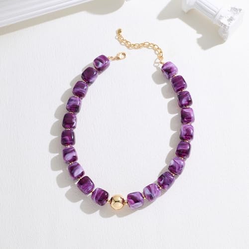 Chunky Colorful Beaded Choker Necklace for Women, Summer Beach Statement Resin Beads Necklace, Trendy Womens Summer Beach Jewelry Birthday Gifts for Vacation Holiday - color: Square Dark Purple Bead