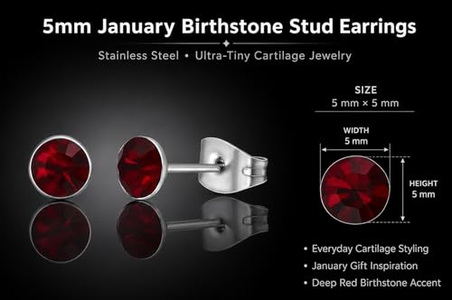Stainless Steel Stud Earrings 5mm Crystal Birthstone Ultra-Tiny Cartilage Tragus Helix Second Ear Stackable Jewelry - color: January - Deep Red