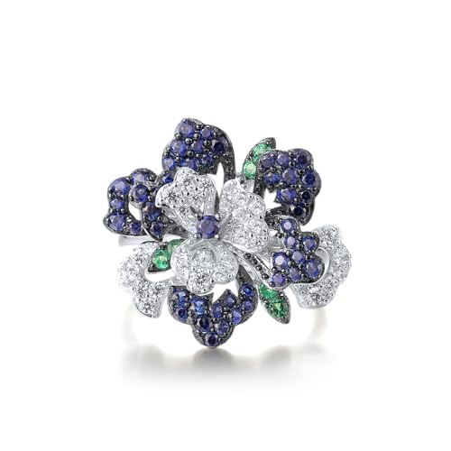 Santuzza Sterling Silver Gemstone Flower Ring for Women - color: [A]Peony-Blue & White