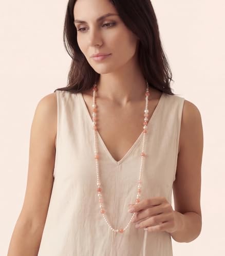 Long Beaded Necklaces for Women Pearl Stone Bead Strand - Layered Sweater Chain Elegant Mother's Day Jewelry Gifts - color: Pink
