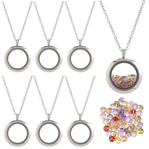 1 Box Stainless Steel 6Pcs Round Memory Locket Floating Memory Glass Necklace Chain Cubic Zirconia Cabochons Polished Keepsake Living Locket Necklace for Pendant Women Friendship Decoration - style: silver