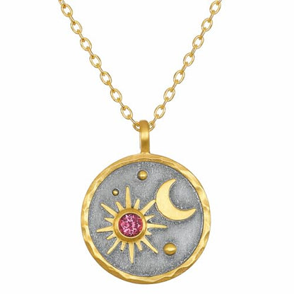 Gold Sun Moon and Stars Pendant Necklace with Birthstone Crystals as Center of Sun, Two-Tone Stainless Steel, Celestial Theme, Astrology Gift for Women, 16-20 Inch Adjustable Cable Chain - color: October Pink Tourmaline