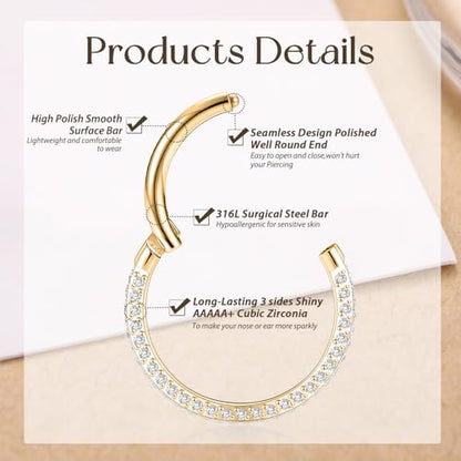 GAGABODY Septum Clicker Conch Piercing Jewelry 16 Gauge Earrings Hoop 20g Ring Nose Hoops Surgical Steel Lip Rings with 3 Sides CZ Helix Rook Cartilage Earrings - color: Style11:Gold+3 Sides CZ