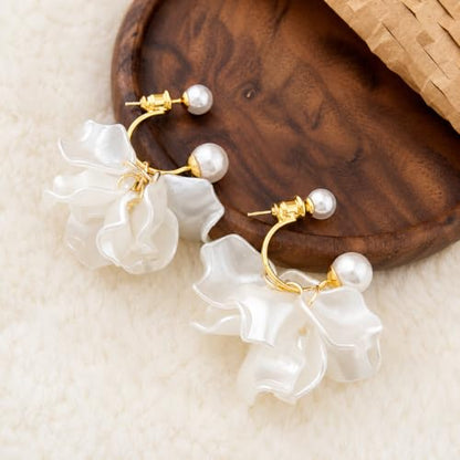 White Petal Pearl Drop Earrings for Women, Irregular Shell Flower Dangle Earrings with Gold Hoop, Elegant Statement Jewelry for Wedding Party