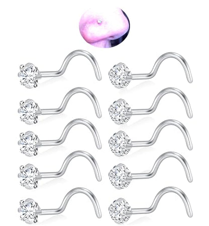 20G Nose Rings Studs for Women Corkscrew Sliver Nose Studs Hypoallergenic Nose Rings 316L Stainless Steel Nose Nostril Percing Jewely for Women Men Round Square CZ Imitation Diamond 1.5mm/2.0mm/2.5mm/3.0mm - style: 20G-corkscrew-sliver-3.0mm