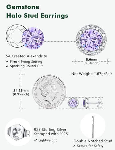 Dainty Birthstone Earrings for Women Sterling Silver Small Stud Earrings with Halo Cushion/Round Created Gemstone Earrings Birthstone Jewelry - style: B 06. Jun./created alexandrite-round cut