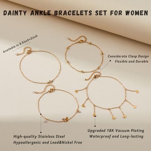 LOFITOR Anklets for Women Ankle Bracelet Charm Link Chain Set Foot | Waterproof Dainty Cz Evil Eye Beaded Anklets Adjustable Beach Foot Jewelry Feet Chains, Summer Beach Foot Jewelry Gifts - style: Butterfly Gold
