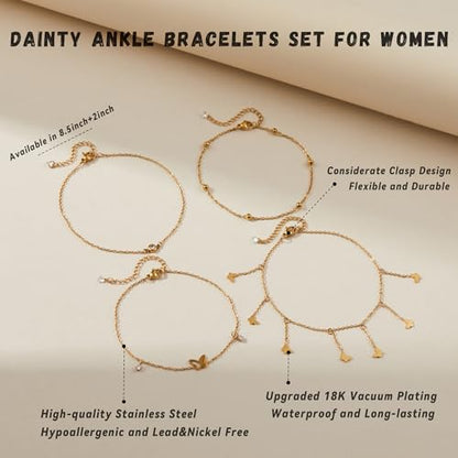 LOFITOR Anklets for Women Ankle Bracelet Charm Link Chain Set Foot | Waterproof Dainty Cz Evil Eye Beaded Anklets Adjustable Beach Foot Jewelry Feet Chains, Summer Beach Foot Jewelry Gifts - style: Butterfly Gold