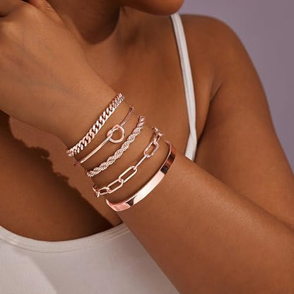 Gokeey Sterling Silver Cuff Bangle Bracelet Set for Women Waterproof, Non Tarnish S925 Silver Chunky Cuban Link Chain Heart Love Infinity Tie Knot Paperclip Beaded Twist Rope Silver Bracelets Fashion Jewelry Gifts Set - color: Rose Gold-Stackable Bangles