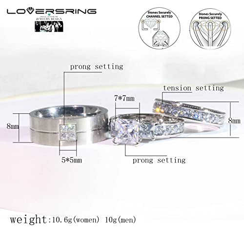 Couple Ring Bridal Set His Hers White Gold Plated CZ Stainless Steel Wedding Ring Band Set - color: White, size: women's size 7& men s size 11