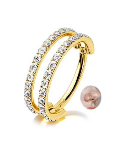 Nose Ring Hoop, 316L Stainless Steel Double Nose Rings, 20G Nose Piercing Jewelry for Women, Clear CZ Helix Cartilage Septum Nose Hoops - color: Gold-6mm