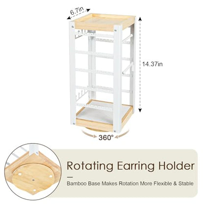 keomaisyto Earring Holder Organizer, Rotating Jewelry Holder with Ring Tray/Bracelet/Necklace Hooks, 360°Earring Organizer with Stable Bamboo Base for Jewelry Display, White - color: White & Grey