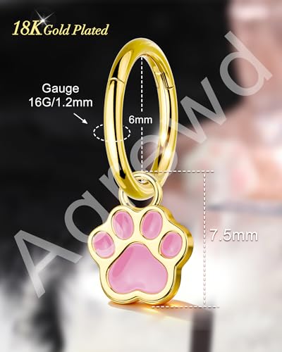 18K Gold Plated Rook Piercing Jewelry, 16G Clicker Rook Helix Earrings, Cute Cat Paw Upper Helix Lobe Piercing Stainless Steel 6/8MM - color: Style-1-8mm