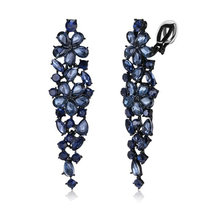 EleQueen Women's Sparkle Statement Clip-On Chandelier Earrings | Marquise Crystals Earrings for Women, Art Deco Prom Jewelry for Wedding Bride Bridesmaid - color: Ink Blue Black-Tone